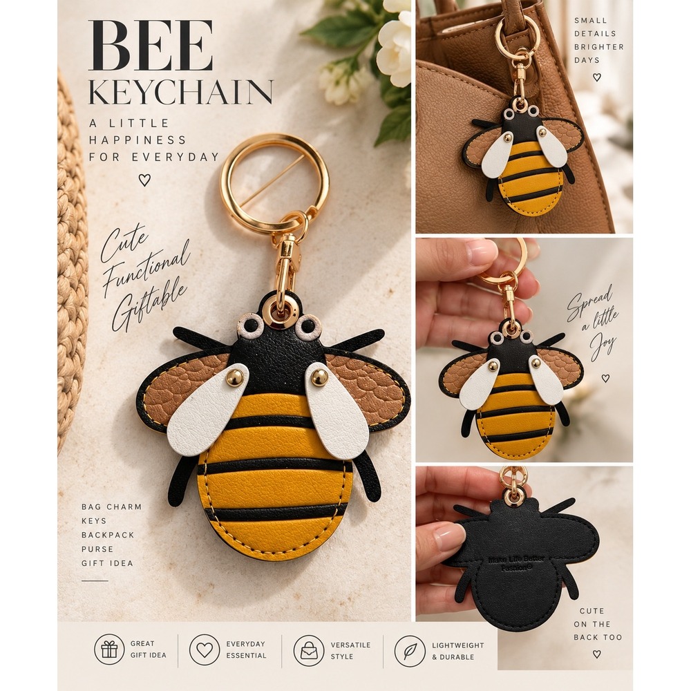 NEW Bee Bag Charm Keychain 3D Faux Leather Gold Hardware Whimsical Gift